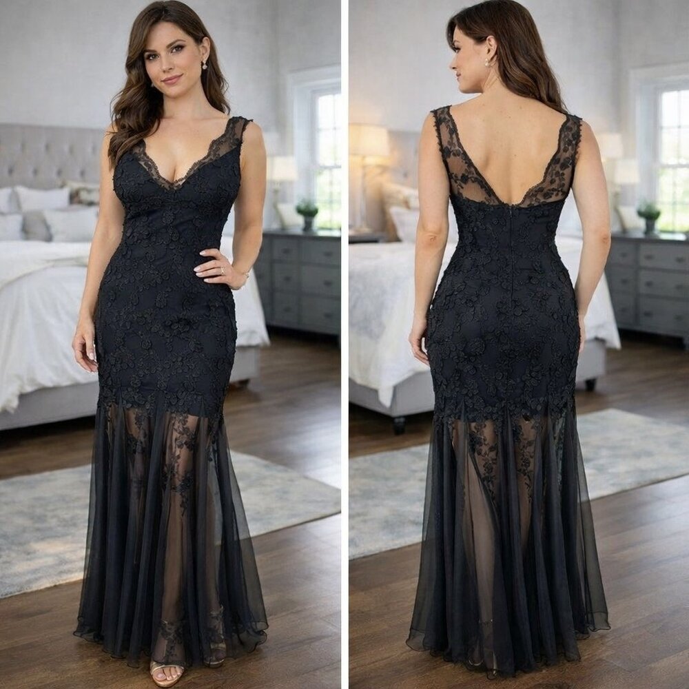 Nicole Bakti Black Floral Lace Illusion Formal Gown $576